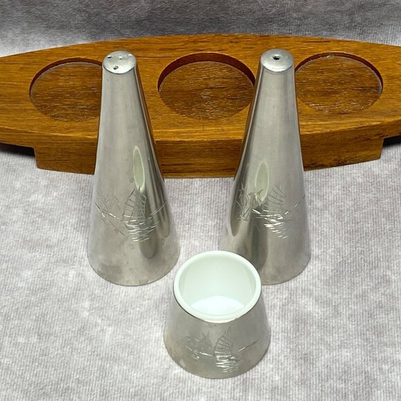 Vintage Selangor Pewter 4PC Salt & Pepper Shakers Mustard Pot on Teak Wood - Picture 3 of 15